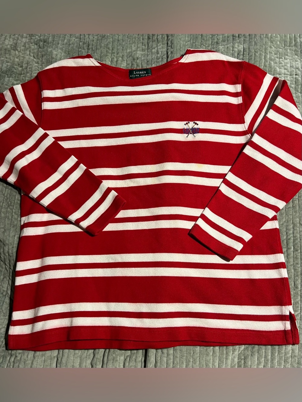 Lauren Ralph Lauren Red and White Striped Crewneck Sweater